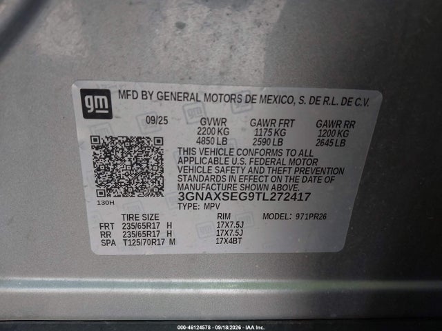 Aukcja sprzedaży 2026 Chevrolet Equinox Awd Activ, vin: 3GNAXSEG9TL272417, numer aukcji: 46124578