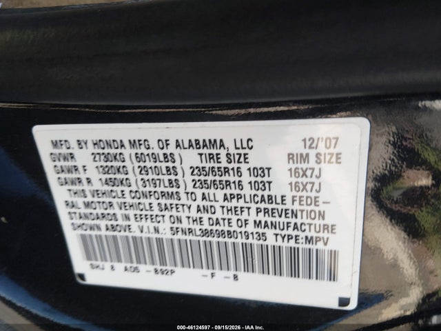 Auction sale of the 2008 Honda Odyssey Ex-l, vin: 5FNRL38698B019135, lot number: 46124597