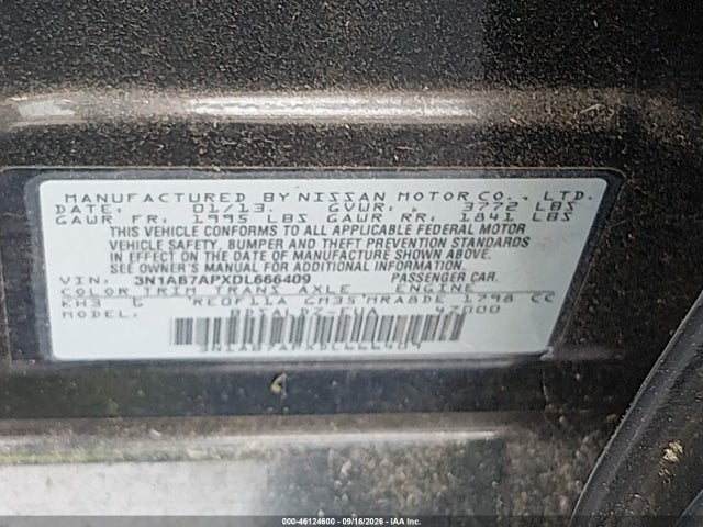 Продаж на аукціоні авто 2013 Nissan Sentra Sv, vin: 3N1AB7APXDL666409, номер лоту: 46124600