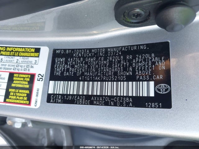 46124614 :رقم المزاد ، 4T1G11AK7RU252105 vin ، 2024 Toyota Camry Se مزاد بيع