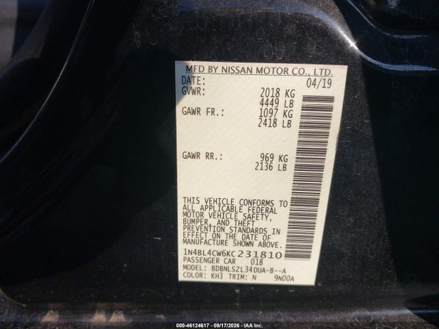 46124617 :رقم المزاد ، 1N4BL4CW6KC231810 vin ، 2019 Nissan Altima 2.5 Sr مزاد بيع