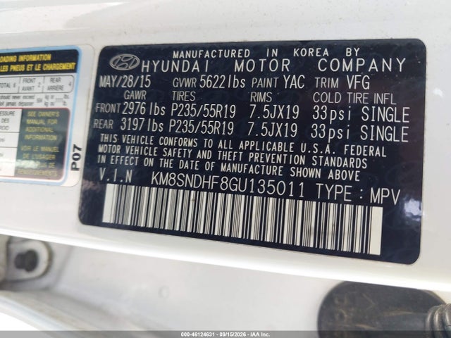 46124631 :رقم المزاد ، KM8SNDHF8GU135011 vin ، 2016 Hyundai Santa Fe Limited مزاد بيع
