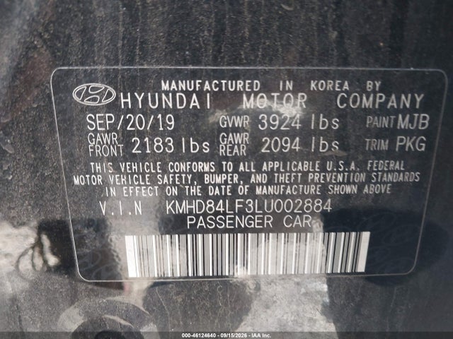 Продаж на аукціоні авто 2020 Hyundai Elantra Value Edition, vin: KMHD84LF3LU002884, номер лоту: 46124640