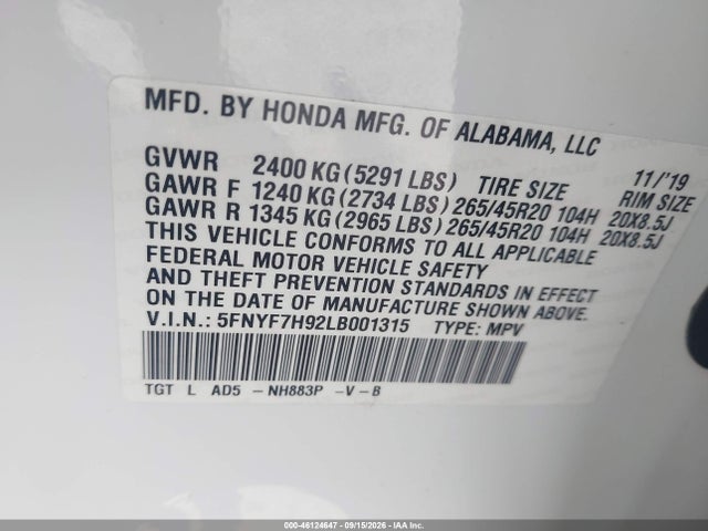 Продажа на аукционе авто 2020 Honda Passport 2wd Touring, vin: 5FNYF7H92LB001315, номер лота: 46124647
