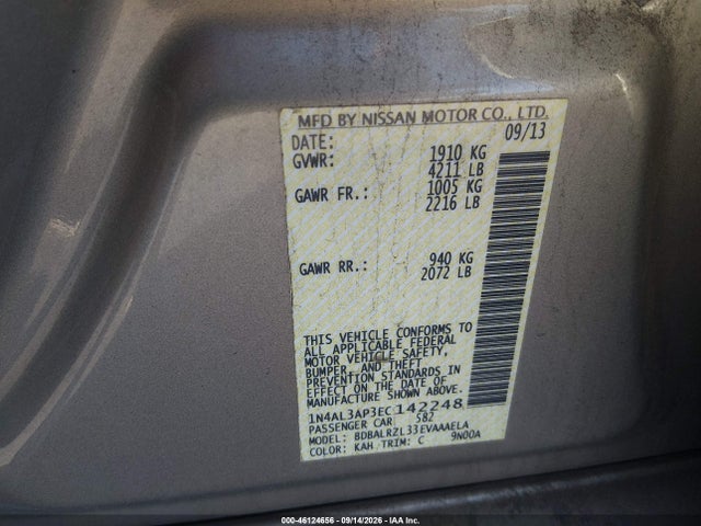 2014 Nissan Altima 2.5 S მანქანა იყიდება აუქციონზე, vin: 1N4AL3AP3EC142248, აუქციონის ნომერი: 46124656