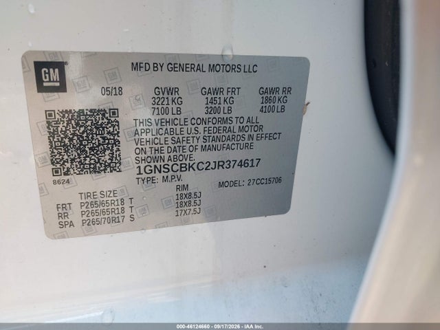 Aukcja sprzedaży 2018 Chevrolet Tahoe Lt, vin: 1GNSCBKC2JR374617, numer aukcji: 46124660