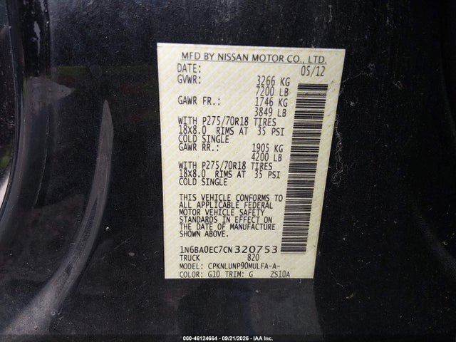 2012 Nissan Titan Pro-4x მანქანა იყიდება აუქციონზე, vin: 1N6BA0EC7CN320753, აუქციონის ნომერი: 46124664