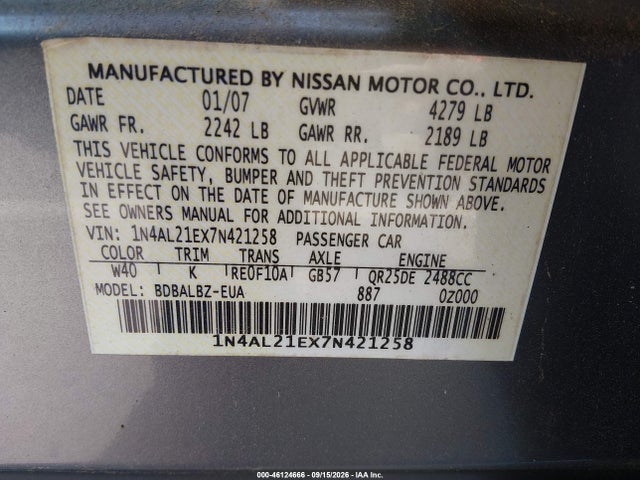 Продажа на аукционе авто 2007 Nissan Altima 2.5 S, vin: 1N4AL21EX7N421258, номер лота: 46124666