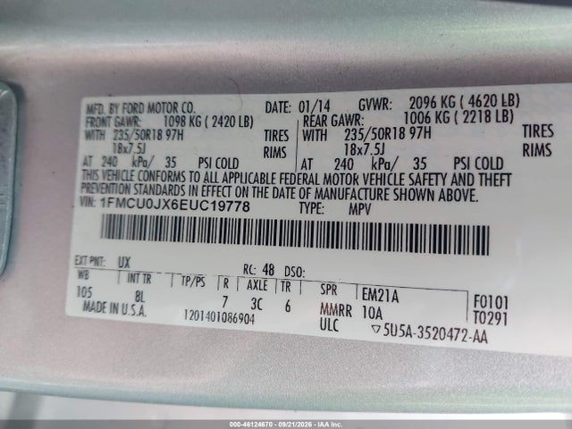 46124670 :رقم المزاد ، 1FMCU0JX6EUC19778 vin ، 2014 Ford Escape Titanium مزاد بيع