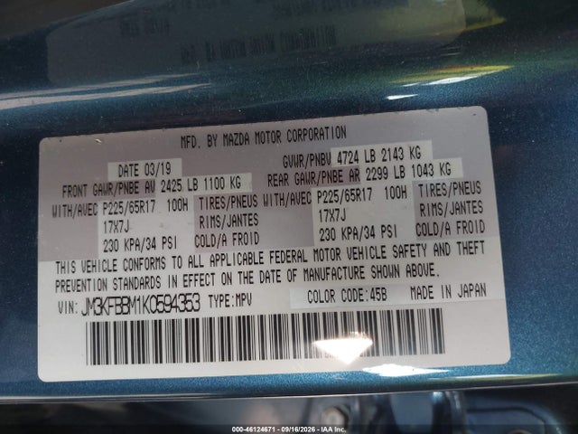 46124671 :رقم المزاد ، JM3KFBBM1K0594353 vin ، 2019 Mazda Cx-5 Sport مزاد بيع