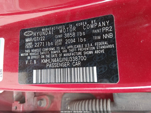 KMHLN4AGXNU338700 Hyundai ELANTRA SEL