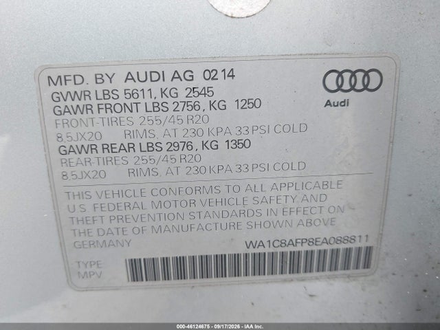 46124675 :رقم المزاد ، WA1C8AFP8EA088811 vin ، 2014 Audi Q5 Hybrid 2.0t Prestige مزاد بيع