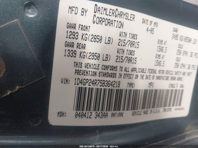 Продаж на аукціоні авто 2005 Dodge Grand Caravan Se, vin: 1D4GP24R75B364218, номер лоту: 46124679