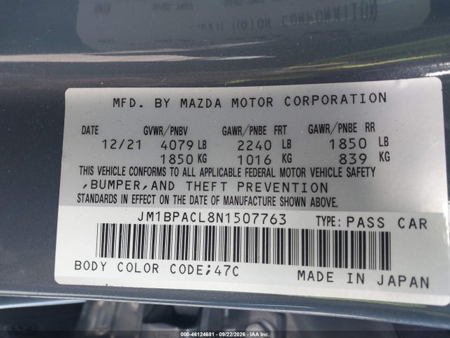 Продажа на аукционе авто 2022 Mazda Mazda3 Carbon Edition, vin: JM1BPACL8N1507763, номер лота: 46124681