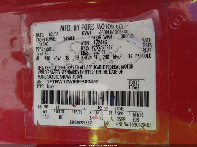 46124684 :رقم المزاد ، 1FTRW12W96FB00455 vin ، 2006 Ford F-150 Xlt مزاد بيع