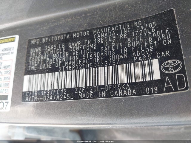 Aukcja sprzedaży 2005 Toyota Corolla S, vin: 2T1BR32E05C473757, numer aukcji: 46124689