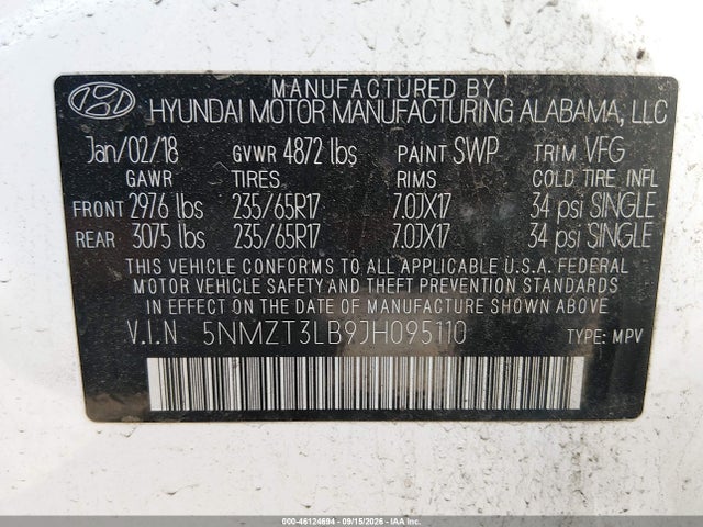 2018 Hyundai Santa Fe Sport 2.4l მანქანა იყიდება აუქციონზე, vin: 5NMZT3LB9JH095110, აუქციონის ნომერი: 46124694