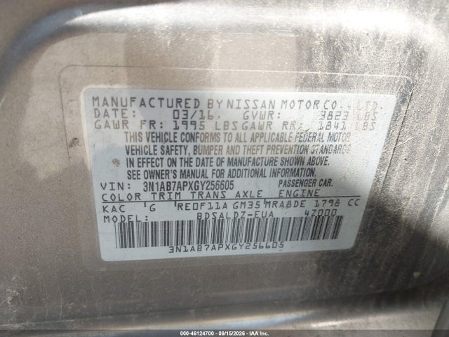 46124700 :رقم المزاد ، 3N1AB7APXGY256605 vin ، 2016 Nissan Sentra Sv مزاد بيع