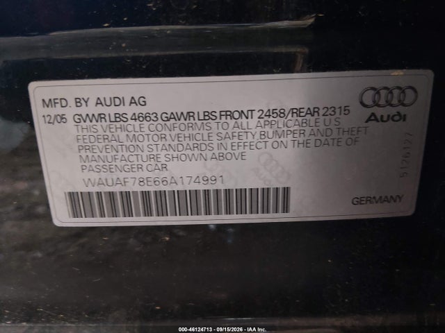 Продажа на аукционе авто 2006 Audi A4 2.0t, vin: WAUAF78E66A174991, номер лота: 46124713