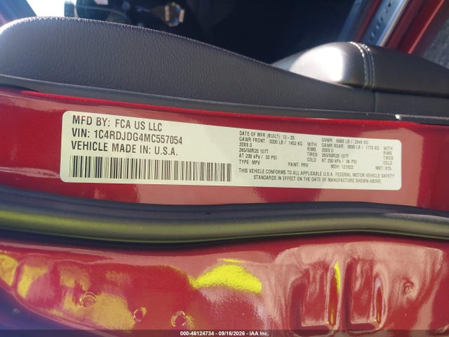 46124734 :رقم المزاد ، 1C4RDJDG4MC557054 vin ، 2021 Dodge Durango Gt Plus Awd مزاد بيع