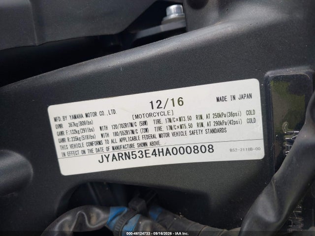 2017 Yamaha Fz09 მანქანა იყიდება აუქციონზე, vin: JYARN53E4HA000808, აუქციონის ნომერი: 46124733