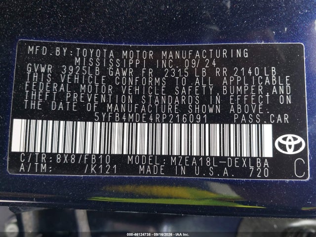 46124738 :رقم المزاد ، 5YFB4MDE4RP216091 vin ، 2024 Toyota Corolla Le مزاد بيع