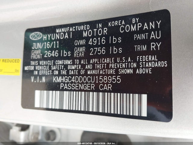 2012 Hyundai Genesis 3.8 მანქანა იყიდება აუქციონზე, vin: KMHGC4DD0CU158955, აუქციონის ნომერი: 46124749