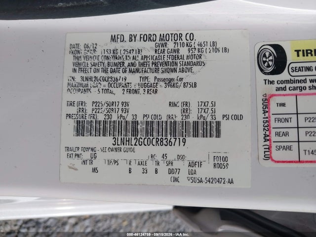 46124759 :رقم المزاد ، 3LNHL2GC0CR836719 vin ، 2012 Lincoln Mkz مزاد بيع