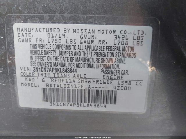 Продажа на аукционе авто 2019 Nissan Versa 1.6 Sv, vin: 3N1CN7AP8KL843844, номер лота: 46124761
