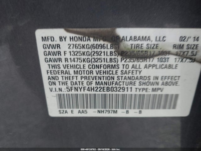 Продаж на аукціоні авто 2014 Honda Pilot Lx, vin: 5FNYF4H22EB032911, номер лоту: 46124763
