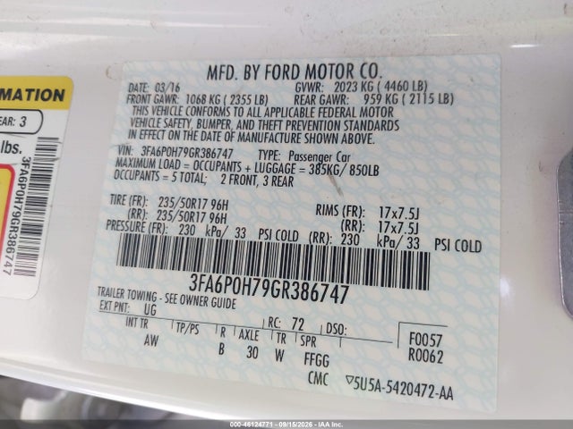 Ford FUSION SE 2016 3FA6P0H79GR386747 Image 9