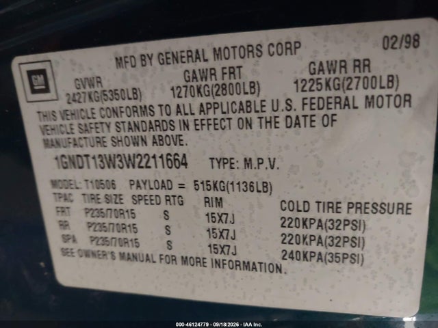 46124779 :رقم المزاد ، 1GNDT13W3W2211664 vin ، 1998 Chevrolet Blazer Ls مزاد بيع
