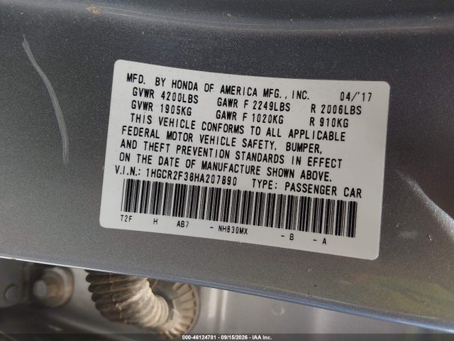 Honda ACCORD LX 2017 1HGCR2F38HA207890 Image 9