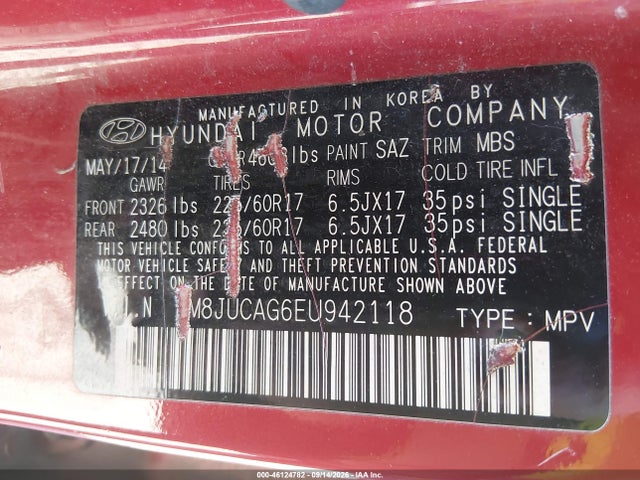 Продажа на аукционе авто 2014 Hyundai Tucson Se, vin: KM8JUCAG6EU942118, номер лота: 46124782