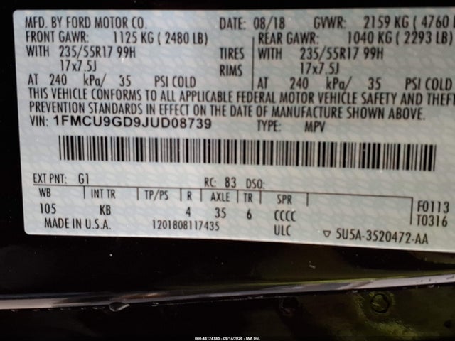 Продажа на аукционе авто 2018 Ford Escape Se, vin: 1FMCU9GD9JUD08739, номер лота: 46124783