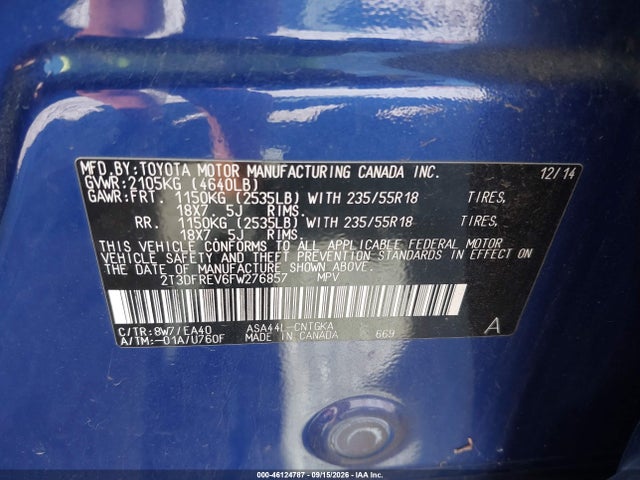 46124787 :رقم المزاد ، 2T3DFREV6FW276857 vin ، 2015 Toyota Rav4 Limited مزاد بيع