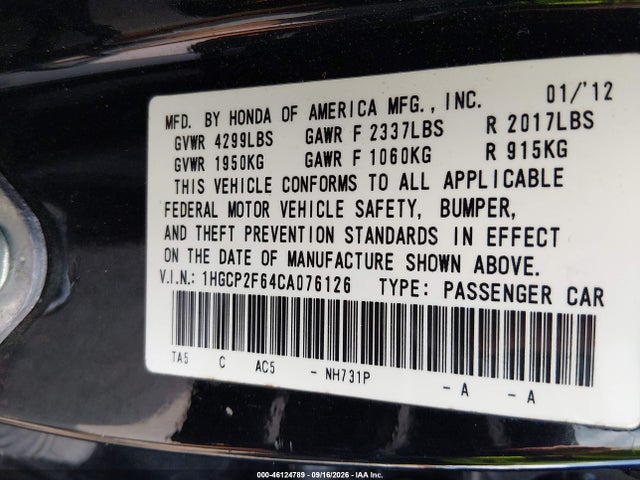 Aukcja sprzedaży 2012 Honda Accord 2.4 Se, vin: 1HGCP2F64CA076126, numer aukcji: 46124789