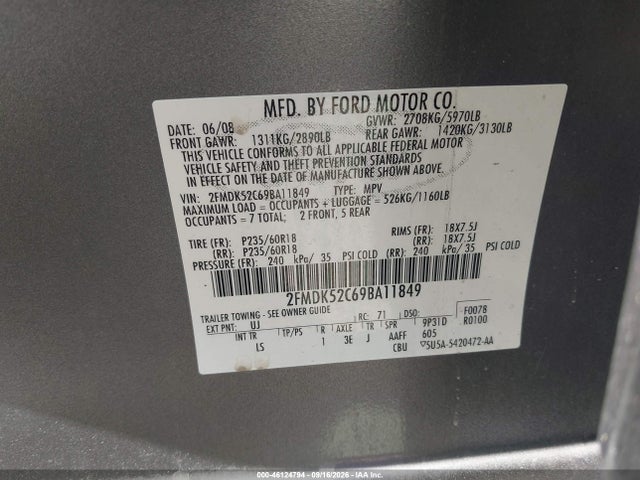 Aukcja sprzedaży 2009 Ford Flex Sel, vin: 2FMDK52C69BA11849, numer aukcji: 46124794