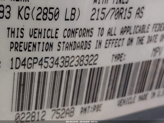 Aukcja sprzedaży 2003 Dodge Caravan Sport, vin: 1D4GP45343B238322, numer aukcji: 46124795