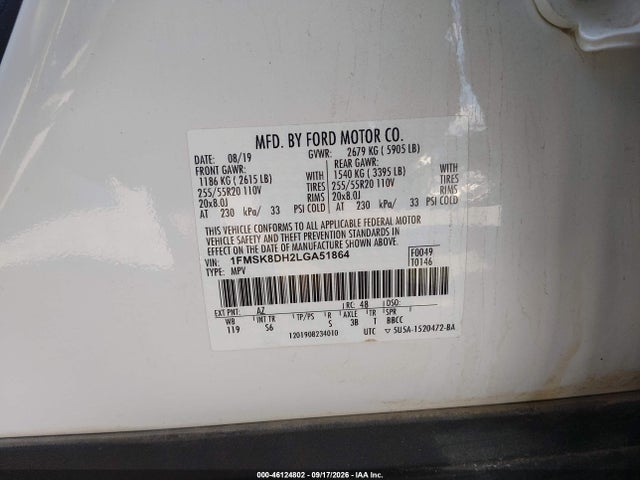 46124802 :رقم المزاد ، 1FMSK8DH2LGA51864 vin ، 2020 Ford Explorer Xlt مزاد بيع