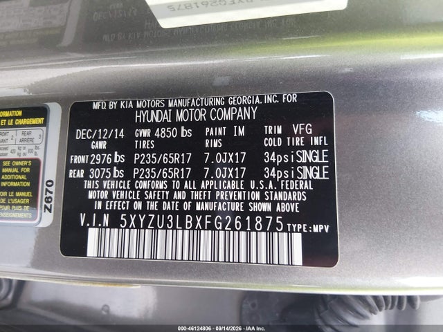 46124806 :رقم المزاد ، 5XYZU3LBXFG261875 vin ، 2015 Hyundai Santa Fe Sport 2.4l مزاد بيع