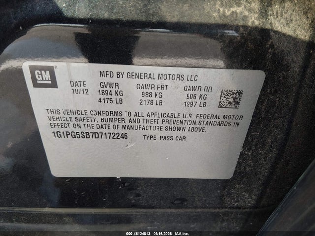 2013 Chevrolet Cruze Ltz მანქანა იყიდება აუქციონზე, vin: 1G1PG5SB7D7172246, აუქციონის ნომერი: 46124813