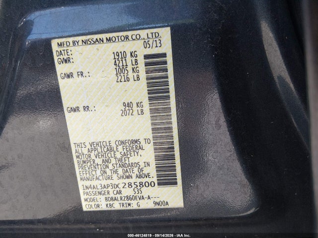 2013 Nissan Altima 2.5 S მანქანა იყიდება აუქციონზე, vin: 1N4AL3AP3DC285800, აუქციონის ნომერი: 46124819