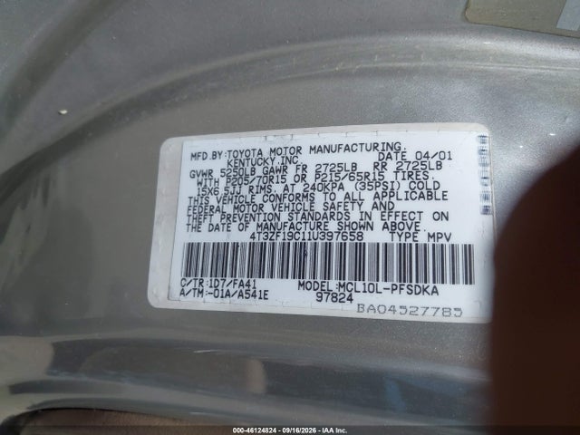2001 Toyota Sienna Ce მანქანა იყიდება აუქციონზე, vin: 4T3ZF19C11U397658, აუქციონის ნომერი: 46124824