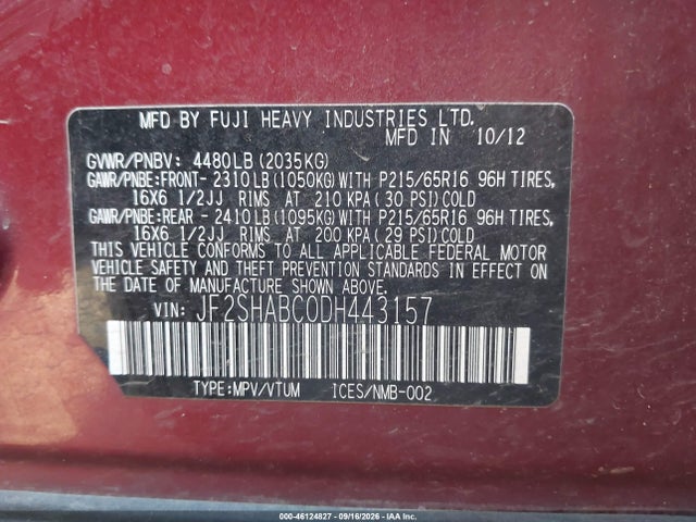 Aukcja sprzedaży 2013 Subaru Forester 2.5x, vin: JF2SHABC0DH443157, numer aukcji: 46124827