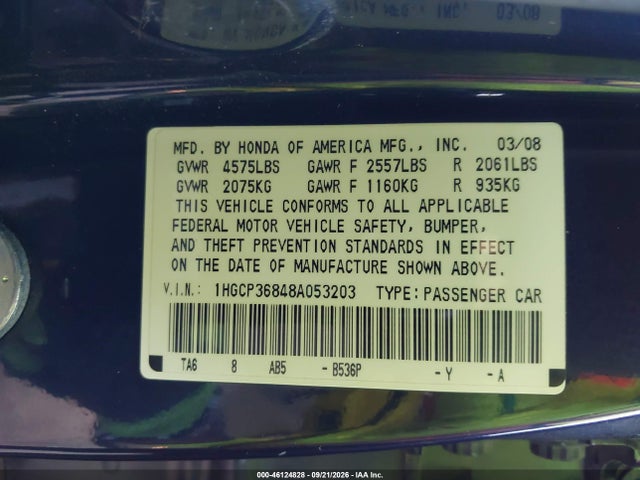 2008 Honda Accord 3.5 Ex-l მანქანა იყიდება აუქციონზე, vin: 1HGCP36848A053203, აუქციონის ნომერი: 46124828