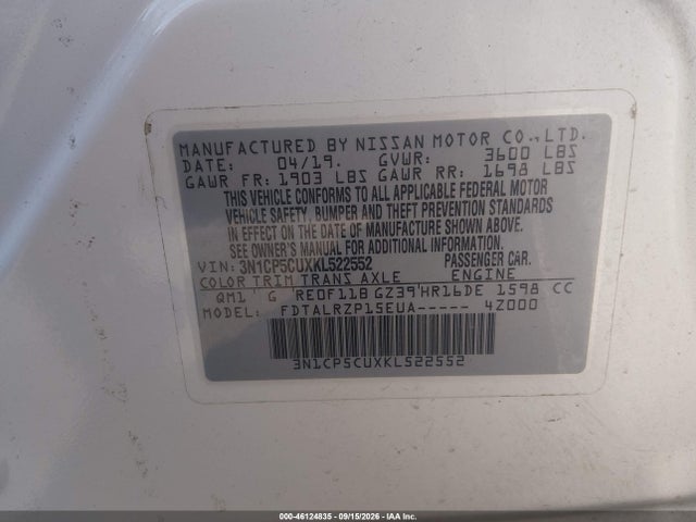 46124835 :رقم المزاد ، 3N1CP5CUXKL522552 vin ، 2019 Nissan Kicks S مزاد بيع