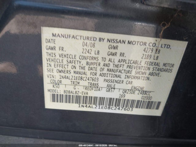 2008 Nissan Altima 2.5 S მანქანა იყიდება აუქციონზე, vin: 1N4AL21E08C247603, აუქციონის ნომერი: 46124841