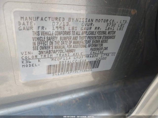 Aukcja sprzedaży 2013 Nissan Sentra S, vin: 3N1AB7AP7DL748601, numer aukcji: 46124849