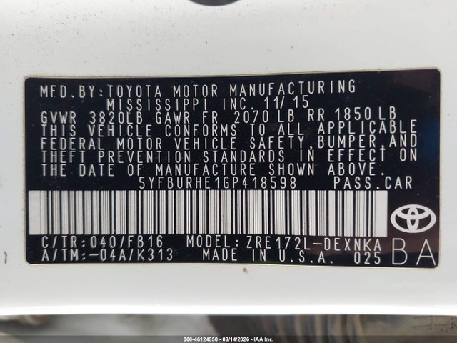 Toyota COROLLA LE 2016 5YFBURHE1GP418598 Image 9
